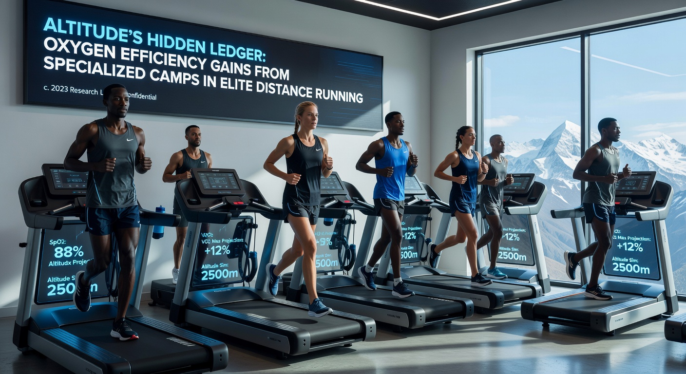 Group of distance athletes reviewing training data and oxygen saturation levels during a specialized altitude camp session