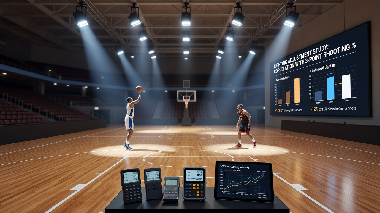 Close-up view of basketball court perimeter under adjusted LED lighting during a finals series game