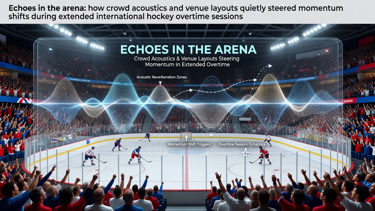 Interior view of a large international hockey arena during overtime with visible crowd density and acoustic reflections along the rafters