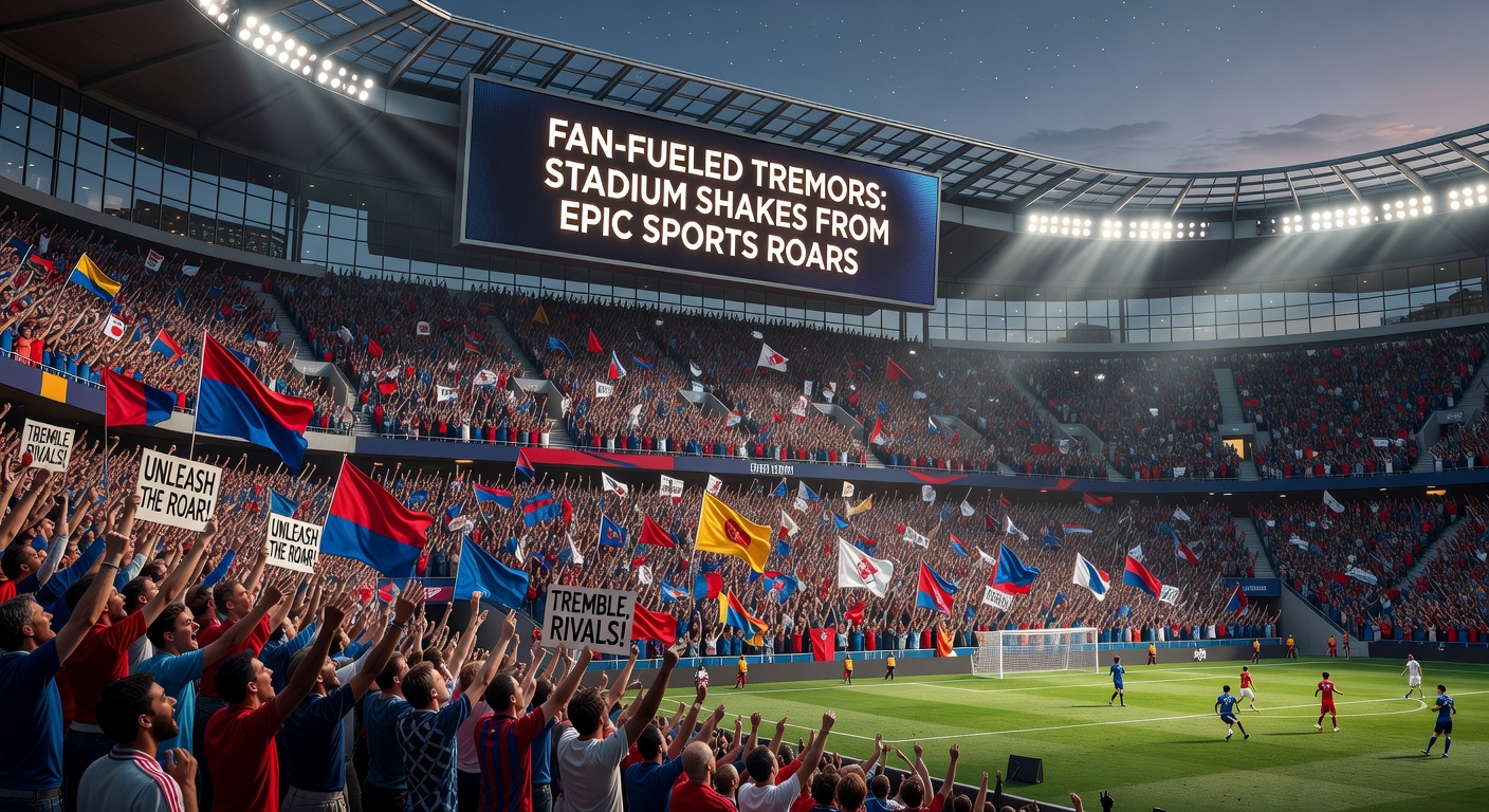 Fans in a packed stadium roaring during a high-stakes soccer match, with visible vibrations rippling through the stands