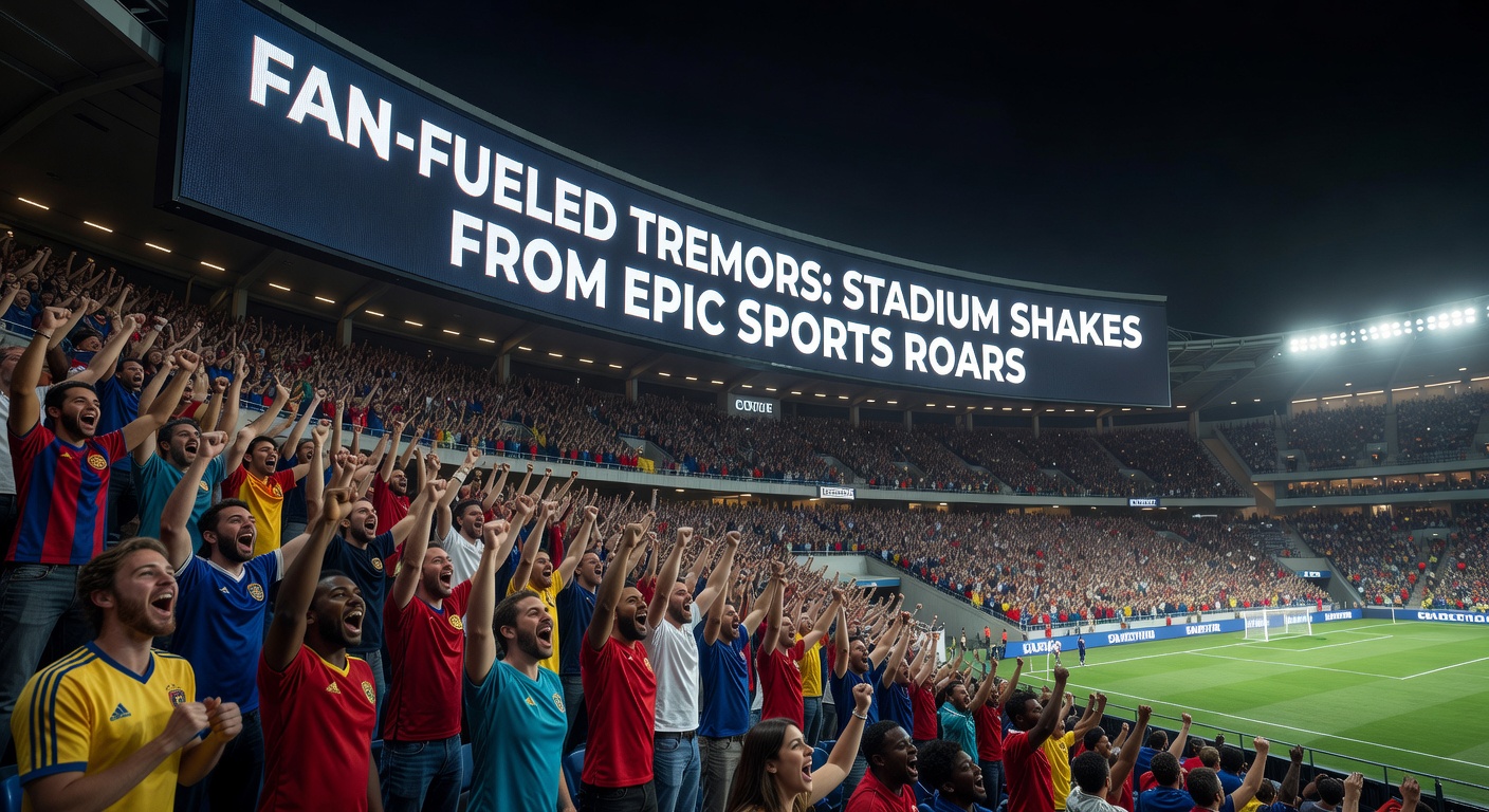 Seismograph readings spiking dramatically during a stadium crowd celebration, overlaid with footage of jumping fans