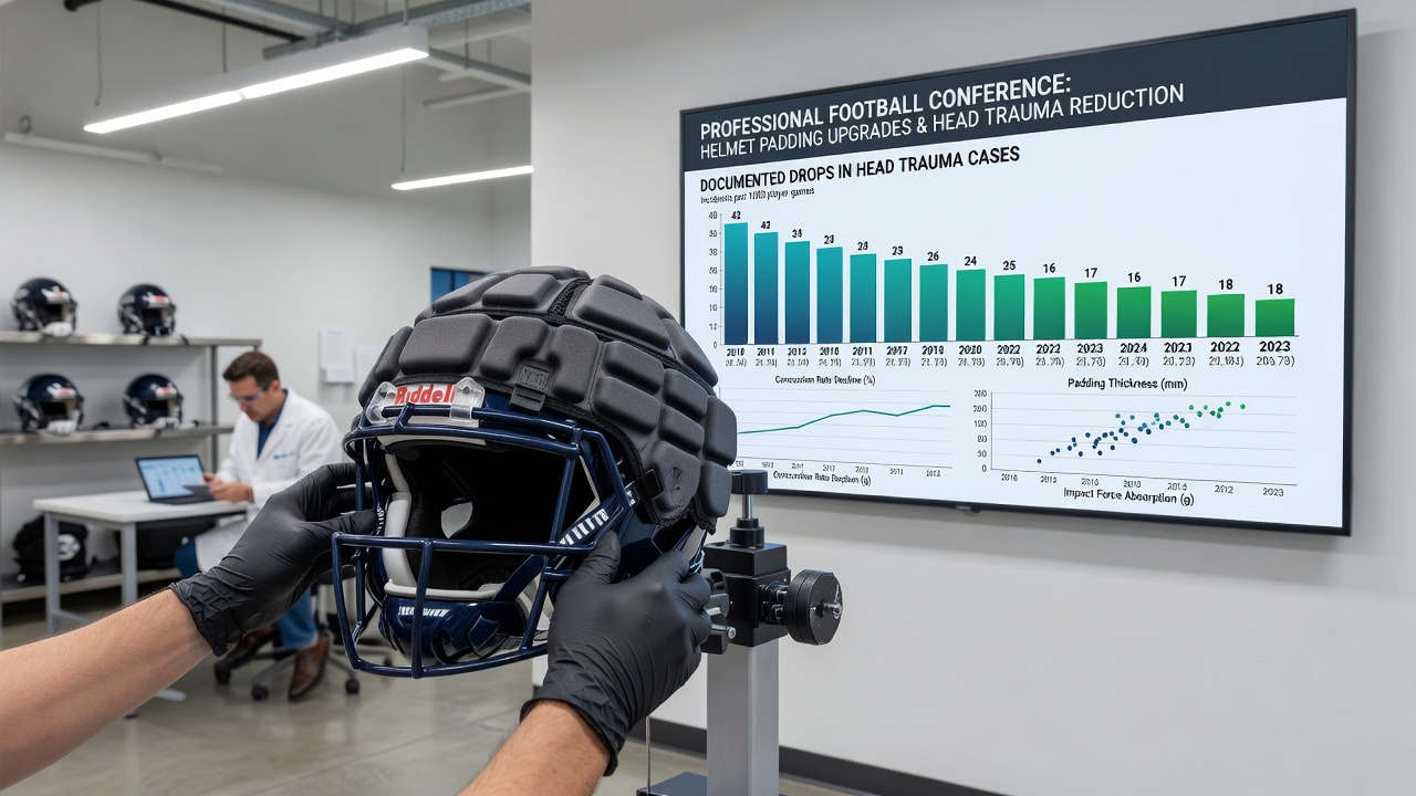 Infographic chart displaying year-over-year reductions in head trauma incidents across major professional and collegiate football conferences