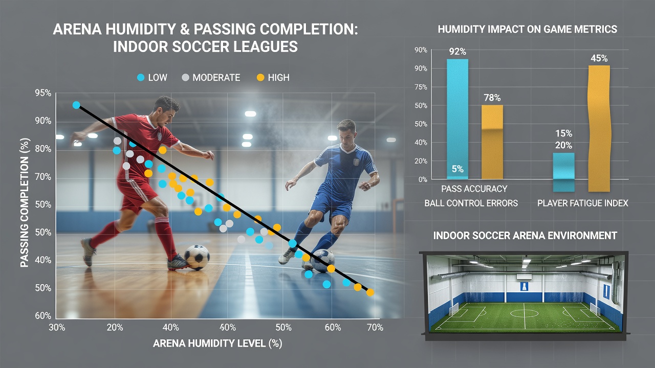 Graph displaying passing completion rates versus arena humidity levels across multiple indoor soccer seasons