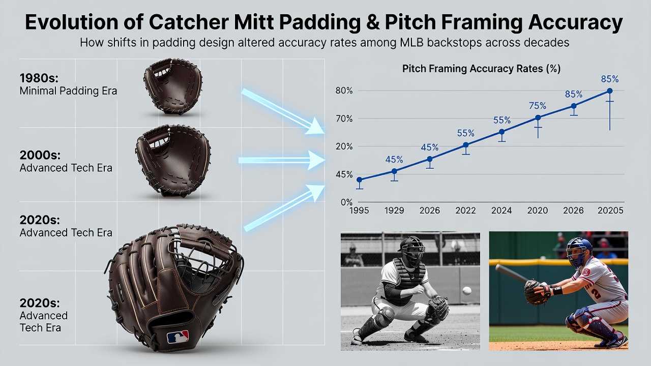 Evolution of catcher mitt designs showing padding variations from the 1980s to present day used by major league backstops