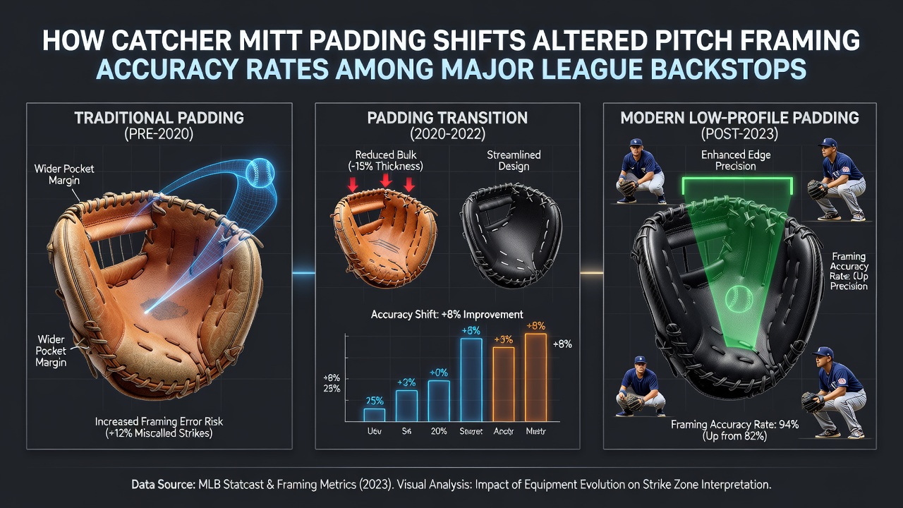 Major league catcher demonstrating modern mitt padding technique during a pitch framing sequence in a 2025 game