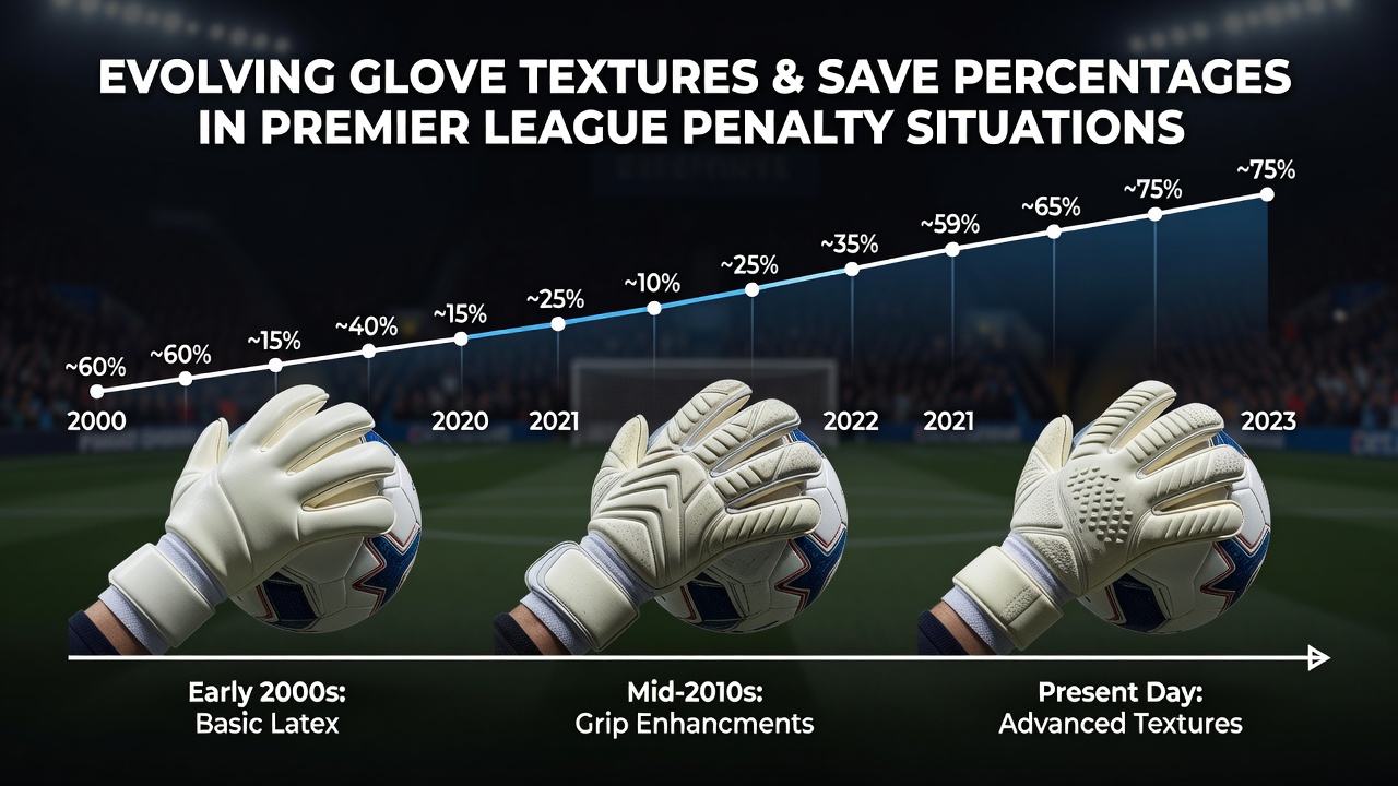 Close-up of modern Premier League goalkeeper glove with advanced micro-textured palm during a penalty save attempt