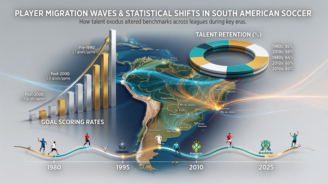Historical match footage and league tables illustrating statistical changes in South American soccer