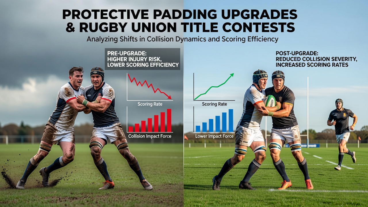 Rugby players in protective padding during a high-impact collision in a title match