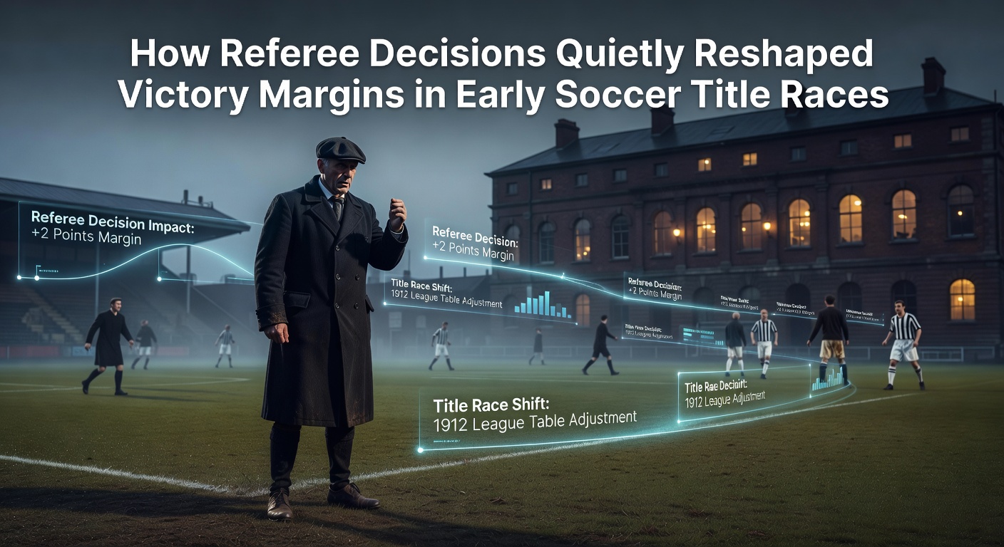Early 20th century soccer match scene showing a referee overseeing play on a grass pitch with players in period uniforms