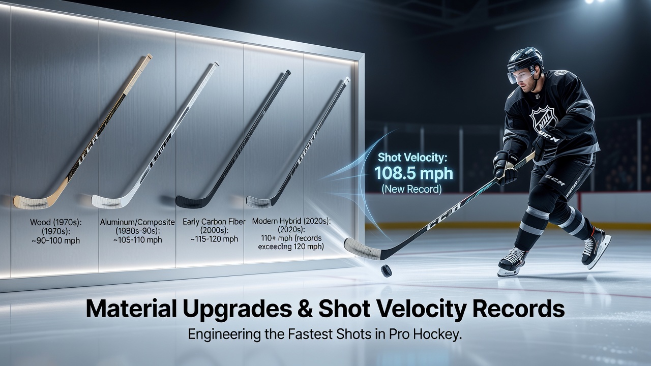 Professional players testing composite hockey sticks on an ice surface with velocity tracking equipment visible in the background