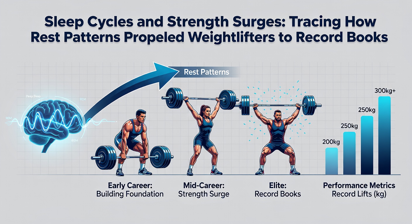 Detailed sleep tracking device data displayed alongside a weightlifting barbell, illustrating modern monitoring of rest patterns in athletes