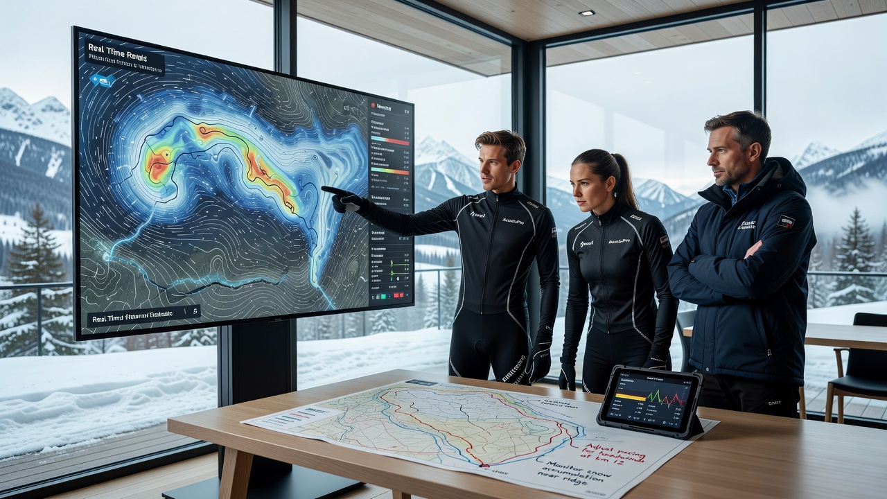 Ski racers analyzing weather data charts before a competition