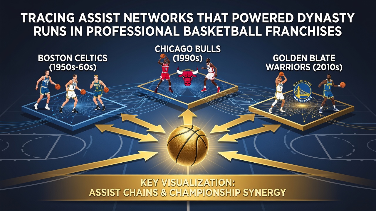 Network diagram illustrating player assist connections in a basketball dynasty team