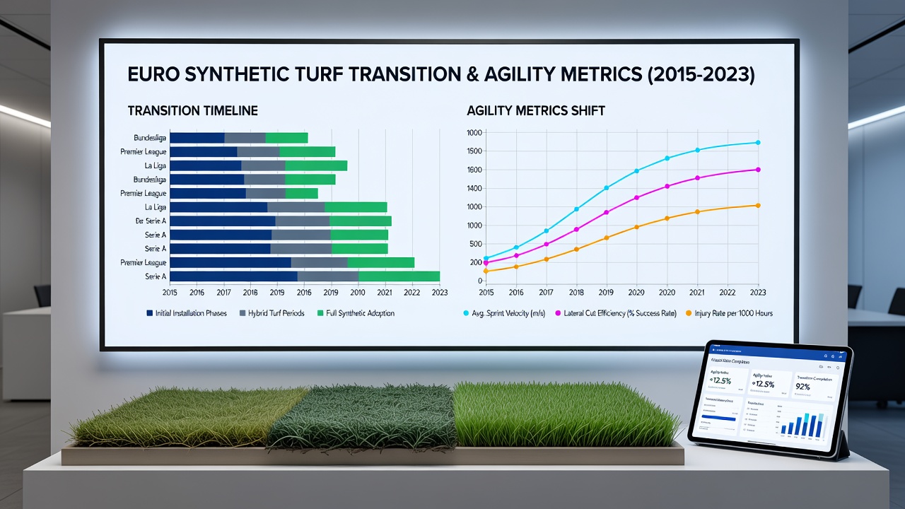 Close-up of synthetic turf surface used in European soccer training with player footwork visible