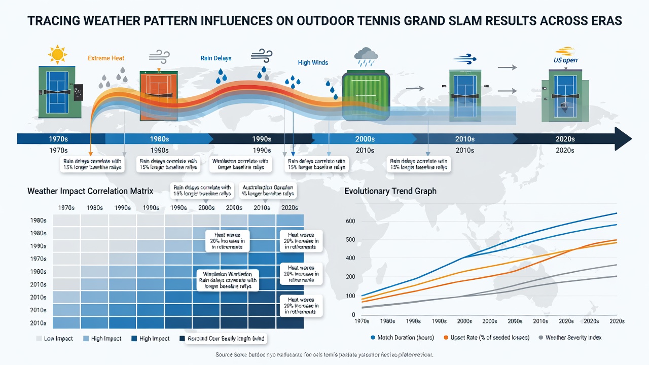 Charts displaying rainfall frequency and temperature trends at major tennis tournaments from 1950 to present