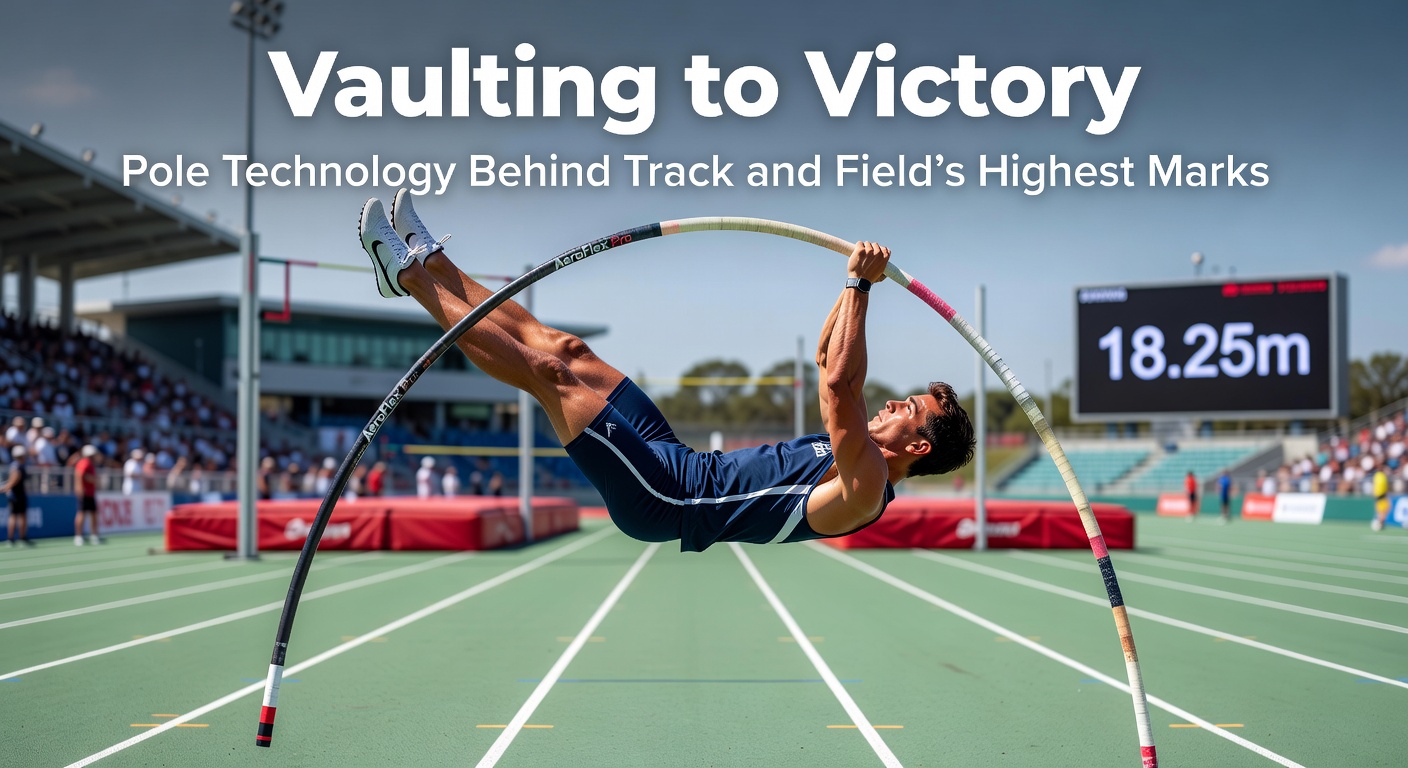 Pole vaulter mid-air gripping a flexible fiberglass pole, bending dramatically as it propels the athlete upward toward the bar
