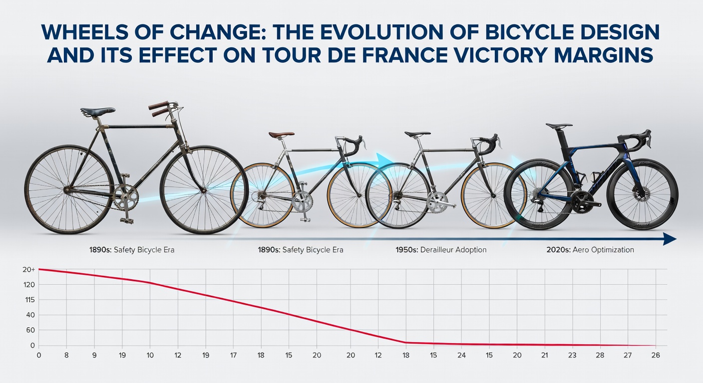 Historical progression of Tour de France bicycles from early steel frames to modern carbon fiber models displayed side by side